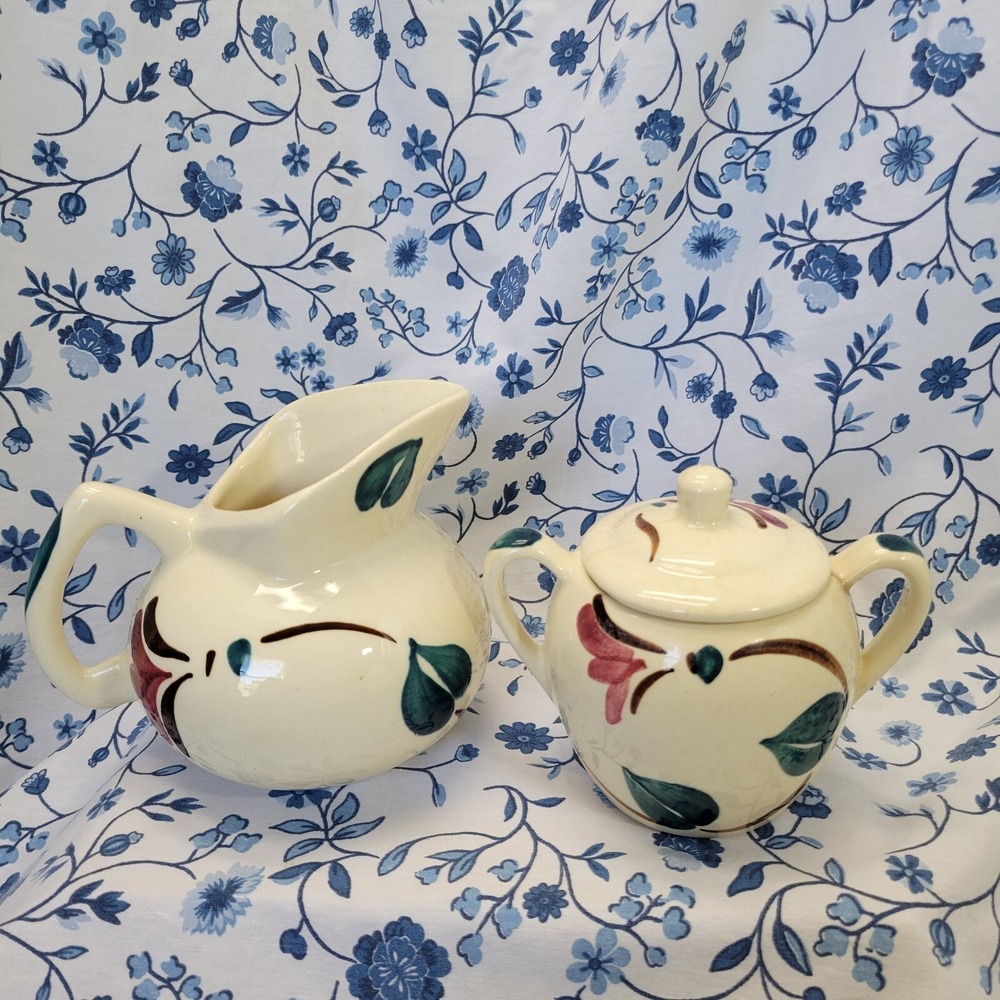 Purinton Pottery Hand Painted Creamer  Sugar Bowl Red Blossom Ivy Cottage Core